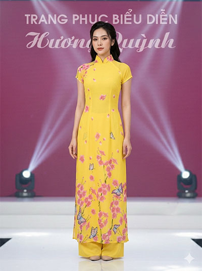 Áo dài cách tân hoa đào vàng